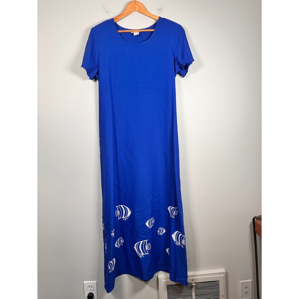 Connie Choi Maxi Dress Womens M Blue Fish Print Vintage 90s Short Sleeve‎ USA